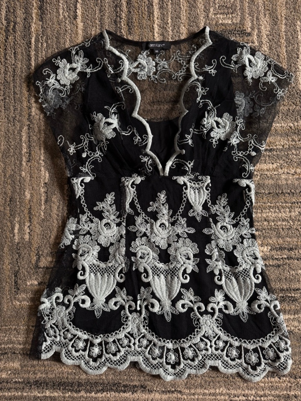 Black Lace Embroidered Top with Light Green Embroidered Detail